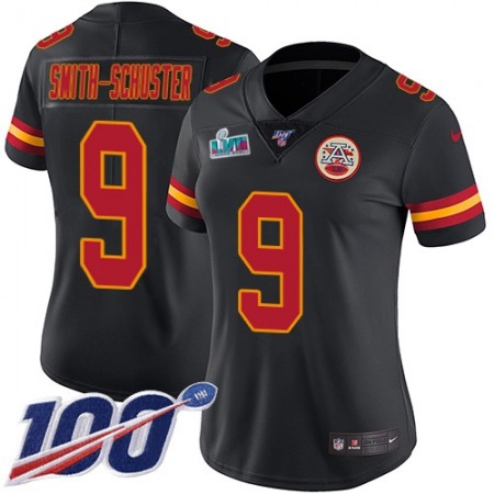 Nike Chiefs #9 JuJu Smith-Schuster Black Super Bowl LVII Patch Women's Stitched NFL Limited Rush 100th Season Jersey