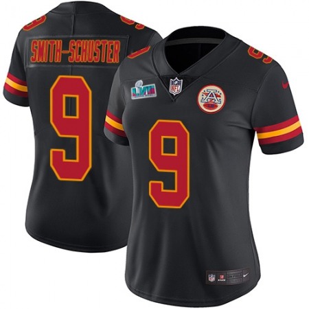 Nike Chiefs #9 JuJu Smith-Schuster Black Super Bowl LVII Patch Women's Stitched NFL Limited Rush Jersey