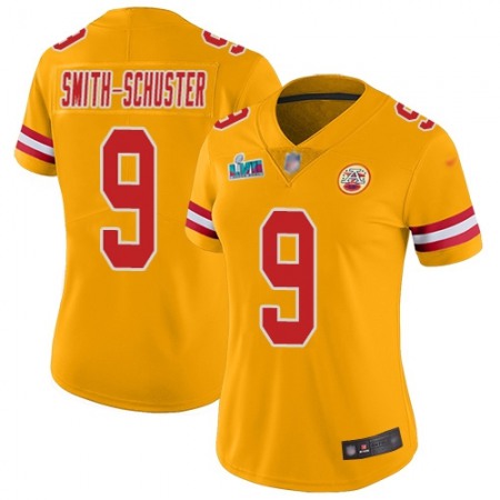 Nike Chiefs #9 JuJu Smith-Schuster Gold Super Bowl LVII Patch Women's Stitched NFL Limited Inverted Legend Jersey
