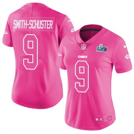 Nike Chiefs #9 JuJu Smith-Schuster Pink Super Bowl LVII Patch Women's Stitched NFL Limited Rush Fashion Jersey