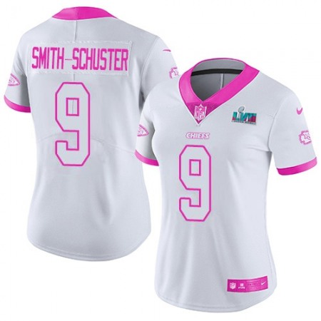 Nike Chiefs #9 JuJu Smith-Schuster White/Pink Super Bowl LVII Patch Women's Stitched NFL Limited Rush Fashion Jersey