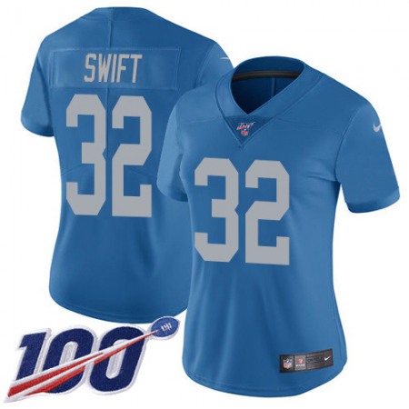 Nike Lions #32 D'Andre Swift Blue Throwback Women's Stitched NFL 100th Season Vapor Untouchable Limited Jersey