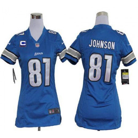 Nike Lions #81 Calvin Johnson Light Blue Team Color With C Patch Women's Stitched NFL Elite Jersey