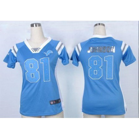 Nike Lions #81 Calvin Johnson Light Blue Team Color Women's Stitched NFL Elite Draft Him Shimmer Jersey