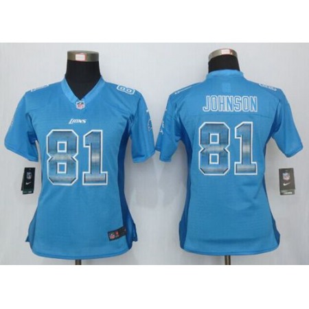 Nike Lions #81 Calvin Johnson Light Blue Team Color Women's Stitched NFL Elite Strobe Jersey