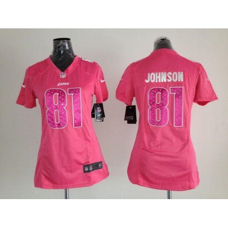 Nike Lions #81 Calvin Johnson Pink Sweetheart Women's Stitched NFL Elite Jersey