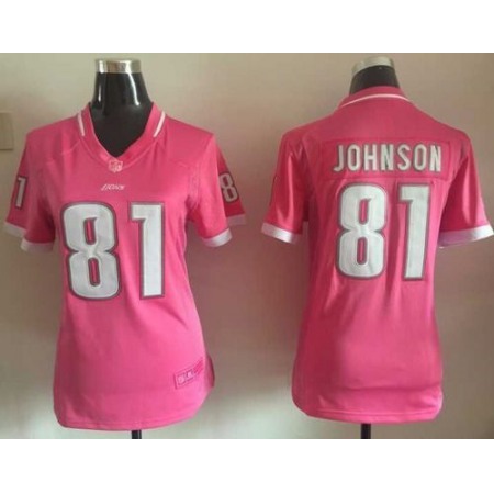 Nike Lions #81 Calvin Johnson Pink Women's Stitched NFL Elite Bubble Gum Jersey