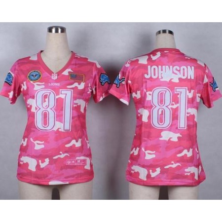 Nike Lions #81 Calvin Johnson Pink Women's Stitched NFL Elite Camo Fashion Jersey