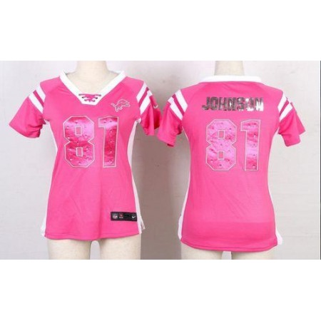 Nike Lions #81 Calvin Johnson Pink Women's Stitched NFL Elite Draft Him Shimmer Jersey