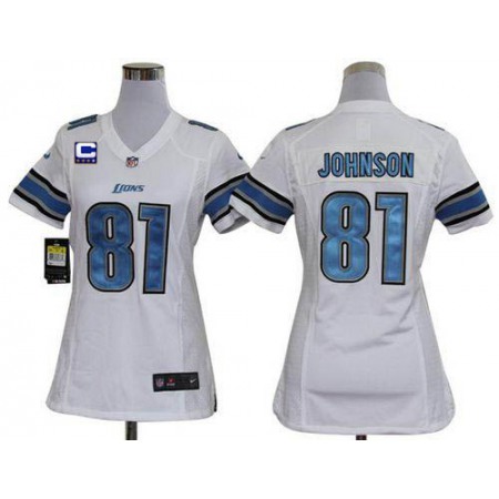 Nike Lions #81 Calvin Johnson White With C Patch Women's Stitched NFL Elite Jersey