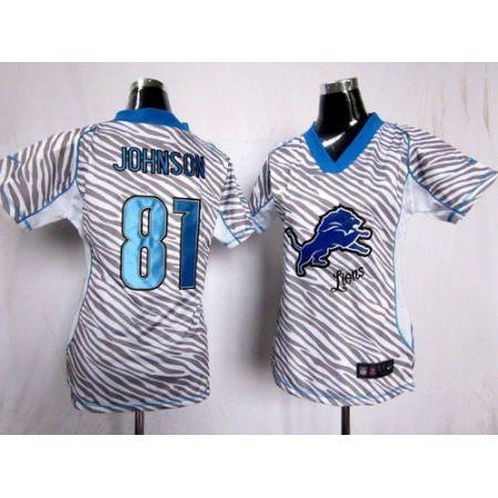 Nike Lions #81 Calvin Johnson Zebra Women's Stitched NFL Elite Jersey