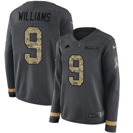 Nike Lions #9 Jameson Williams Anthracite Salute to Service Women's Stitched NFL Limited Therma Long Sleeve Jersey