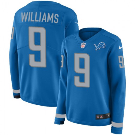 Nike Lions #9 Jameson Williams Blue Team Color Women's Stitched NFL Limited Therma Long Sleeve Jersey