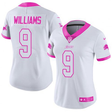 Nike Lions #9 Jameson Williams White/Pink Women's Stitched NFL Limited Rush Fashion Jersey