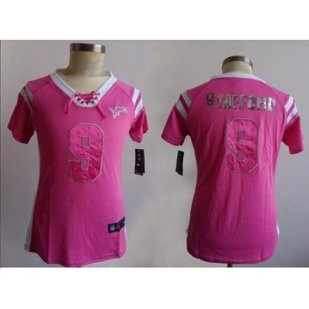 Nike Lions #9 Matthew Stafford Pink Women's Stitched NFL Elite Draft Him Shimmer Jersey