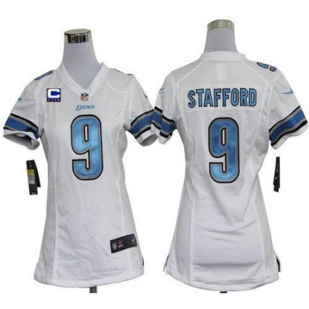 Nike Lions #9 Matthew Stafford White With C Patch Women's Stitched NFL Elite Jersey