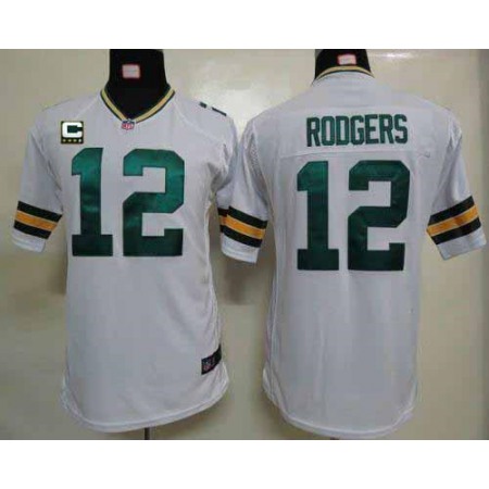Nike Packers #12 Aaron Rodgers White With C Patch Youth Stitched NFL Elite Jersey