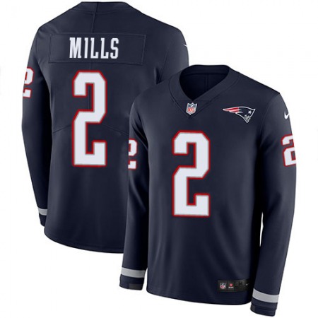 Nike Patriots #2 Jalen Mills Navy Blue Team Color Youth Stitched NFL Limited Therma Long Sleeve Jersey