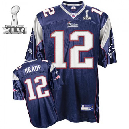 Patriots #12 Tom Brady Blue Super Bowl XLVI Embroidered Youth NFL Jersey