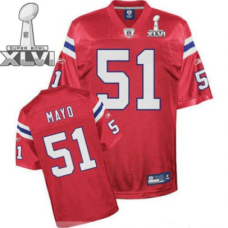 Patriots #51 Jerod Mayo Red Super Bowl XLVI Embroidered Youth NFL Jersey