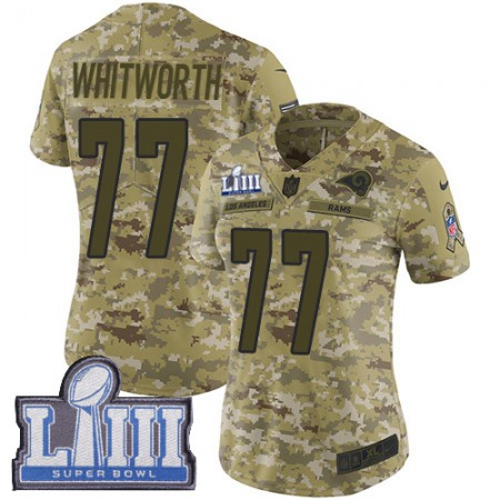 Nike Rams #77 Andrew Whitworth Camo Super Bowl LIII Bound Women's Stitched NFL Limited 2018 Salute to Service Jersey