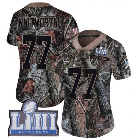 Nike Rams #77 Andrew Whitworth Camo Super Bowl LIII Bound Women's Stitched NFL Limited Rush Realtree Jersey