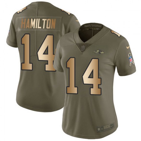 Nike Ravens #14 Kyle Hamilton Olive/Gold Women's Stitched NFL Limited 2017 Salute To Service Jersey
