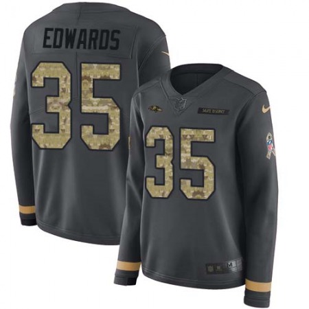 Nike Ravens #35 Gus Edwards Anthracite Salute to Service Women's Stitched NFL Limited Therma Long Sleeve Jersey