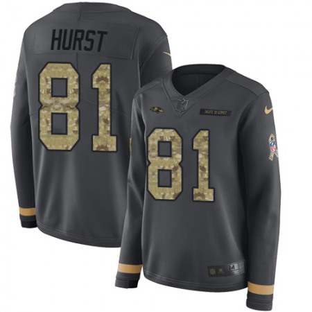 Nike Ravens #81 Hayden Hurst Anthracite Salute to Service Women's Stitched NFL Limited Therma Long Sleeve Jersey
