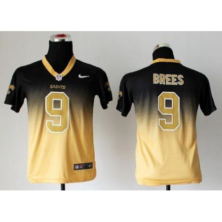 Nike Saints #9 Drew Brees Black/Gold Youth Stitched NFL Elite Fadeaway Fashion Jersey