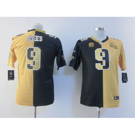 Nike Saints #9 Drew Brees Black/Gold Youth Stitched NFL Elite Split Jersey