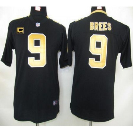Nike Saints #9 Drew Brees Black Team Color With C Patch Youth Stitched NFL Elite Jersey