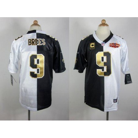Nike Saints #9 Drew Brees Black/White Super Bowl Youth Stitched NFL Elite Split Jersey