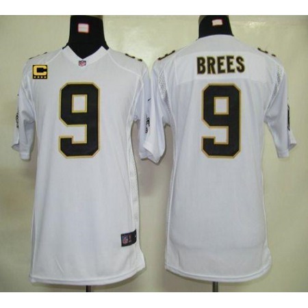 Nike Saints #9 Drew Brees White With C Patch Youth Stitched NFL Elite Jersey