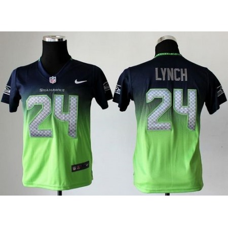 Nike Seahawks #24 Marshawn Lynch Steel Blue/Green Youth Stitched NFL Elite Fadeaway Fashion Jersey