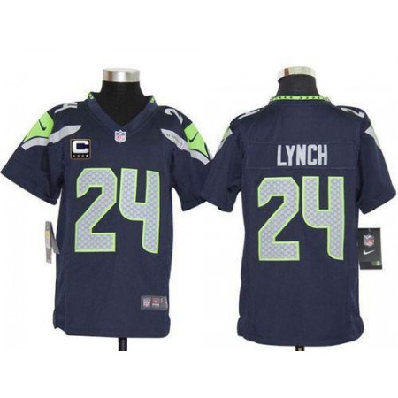 Nike Seahawks #24 Marshawn Lynch Steel Blue With C Patch Youth Stitched NFL Elite Jersey