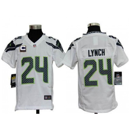 Nike Seahawks #24 Marshawn Lynch White With C Patch Youth Stitched NFL Elite Jersey