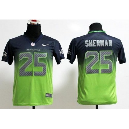 Nike Seahawks #25 Richard Sherman Steel Blue/Green Youth Stitched NFL Elite Fadeaway Fashion Jersey