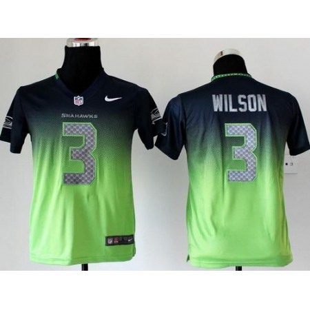 Nike Seahawks #3 Russell Wilson Steel Blue/Green Youth Stitched NFL Elite Fadeaway Fashion Jersey