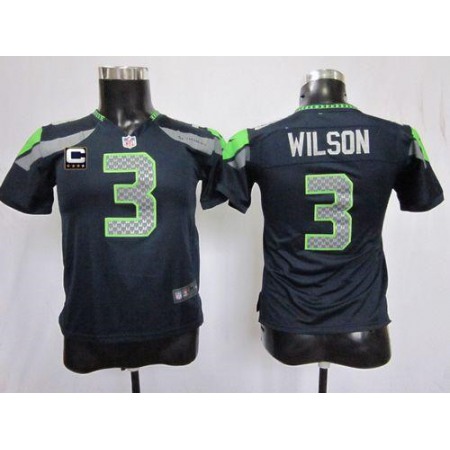 Nike Seahawks #3 Russell Wilson Steel Blue Team Color With C Patch Youth Stitched NFL Elite Jersey