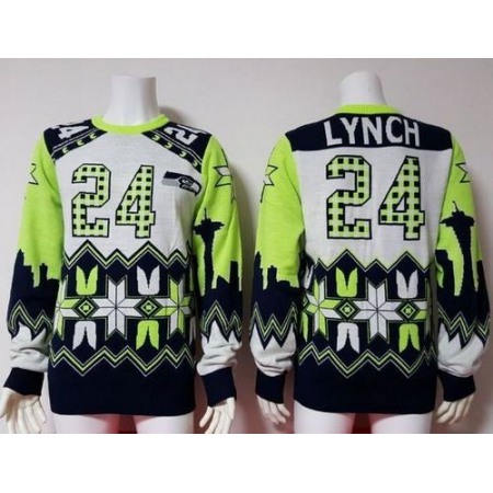Nike Seahawks #24 Marshawn Lynch White Men's Ugly Sweater