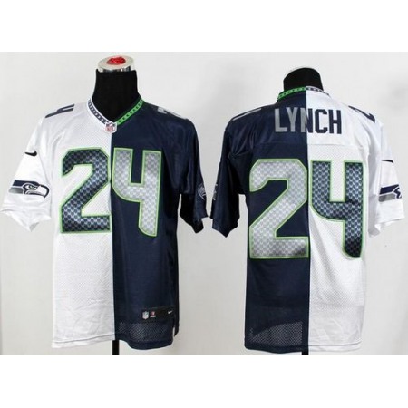 Nike Seahawks #24 Marshawn Lynch White/Steel Blue Men's Stitched NFL Elite Split Jersey