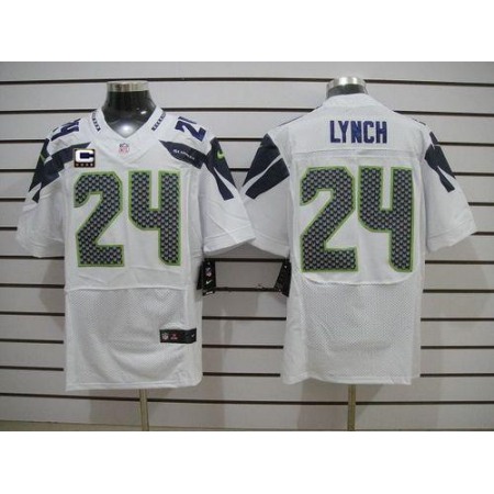 Nike Seahawks #24 Marshawn Lynch White With C Patch Men's Stitched NFL Elite Jersey