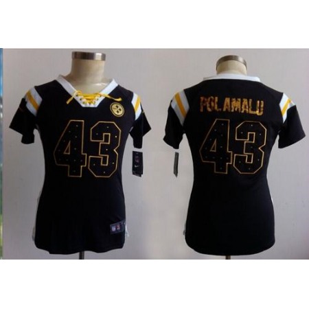 Nike Steelers #43 Troy Polamalu Black Women's Stitched NFL Elite Draft Him Shimmer Jersey