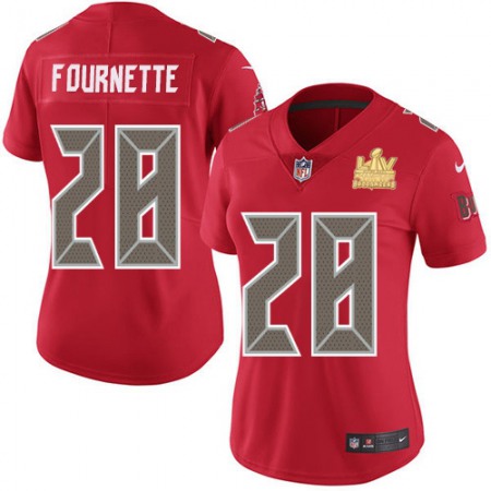 Tampa Bay Buccaneers #28 Leonard Fournette Red Women's Super Bowl LV Champions Patch Stitched NFL Limited Rush Jersey
