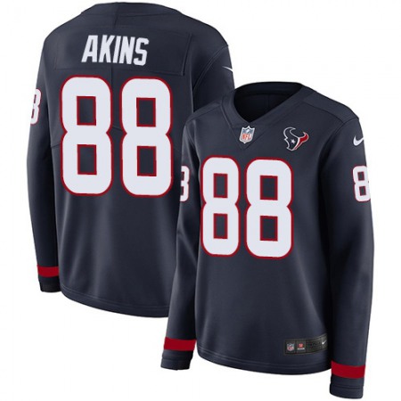 Nike Texans #88 Jordan Akins Navy Blue Team Color Women's Stitched NFL Limited Therma Long Sleeve Jersey