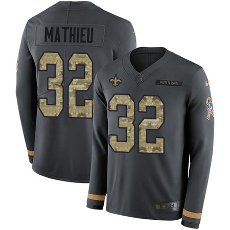 Nike Saints #32 Tyrann Mathieu Anthracite Salute to Service Men's Stitched NFL Limited Therma Long Sleeve Jersey